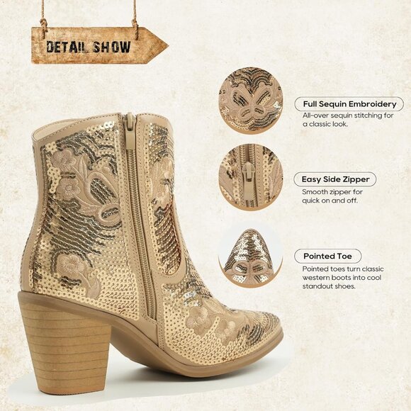 Jabasic Womens Gold Western Ankle Shoes with Zipper Short Pointed Toe Booties - Picture 5 of 7